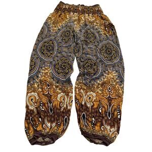 Bohemian floaty pants, tapered at ankles, fit like size M hippie colorful lounge